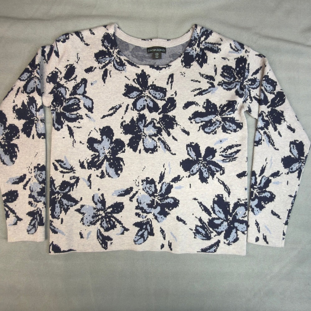 Cynthia Rowley Floral Crewneck Sweater Size M Blue Long Sleeve Knit Top